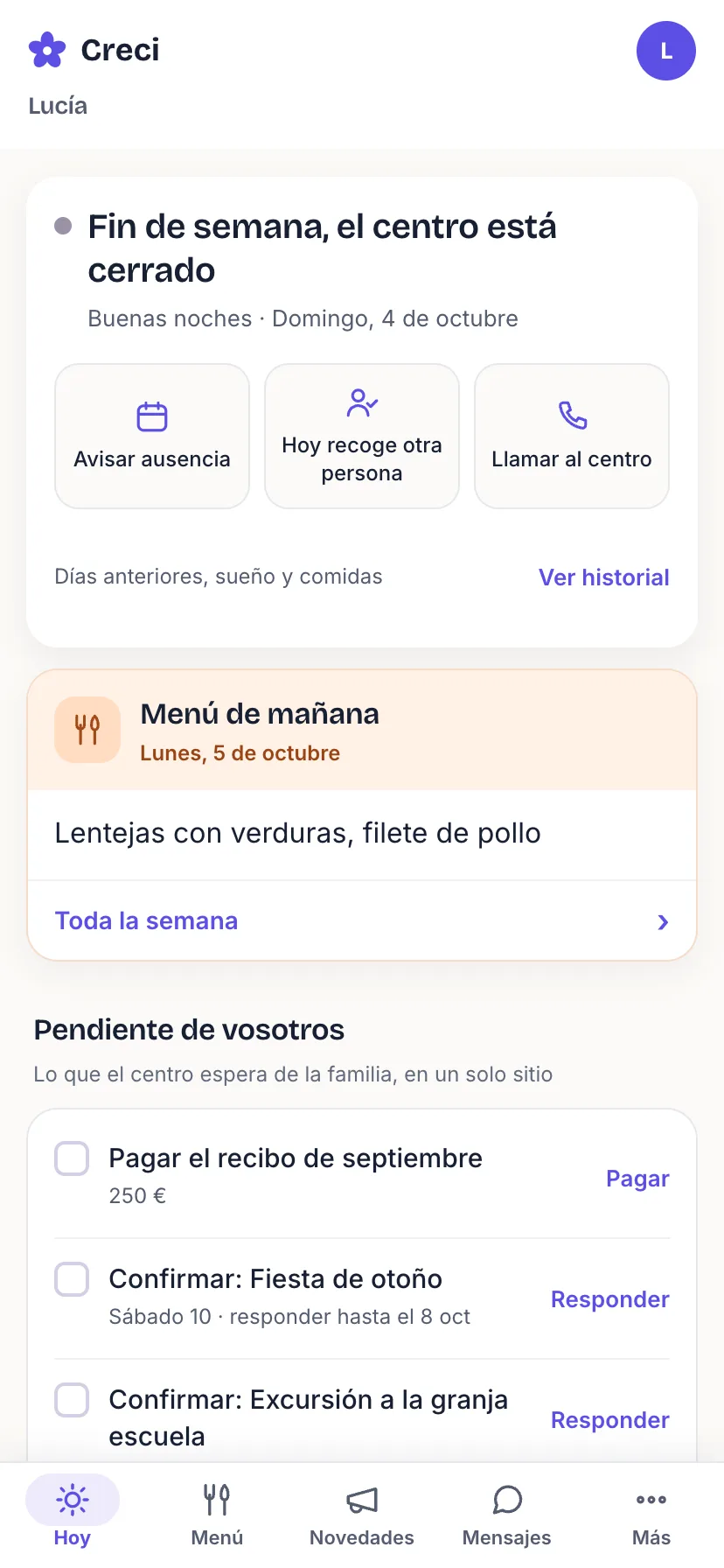 Portal de la familia en el móvil: el día del niño, el menú y los avisos del centro